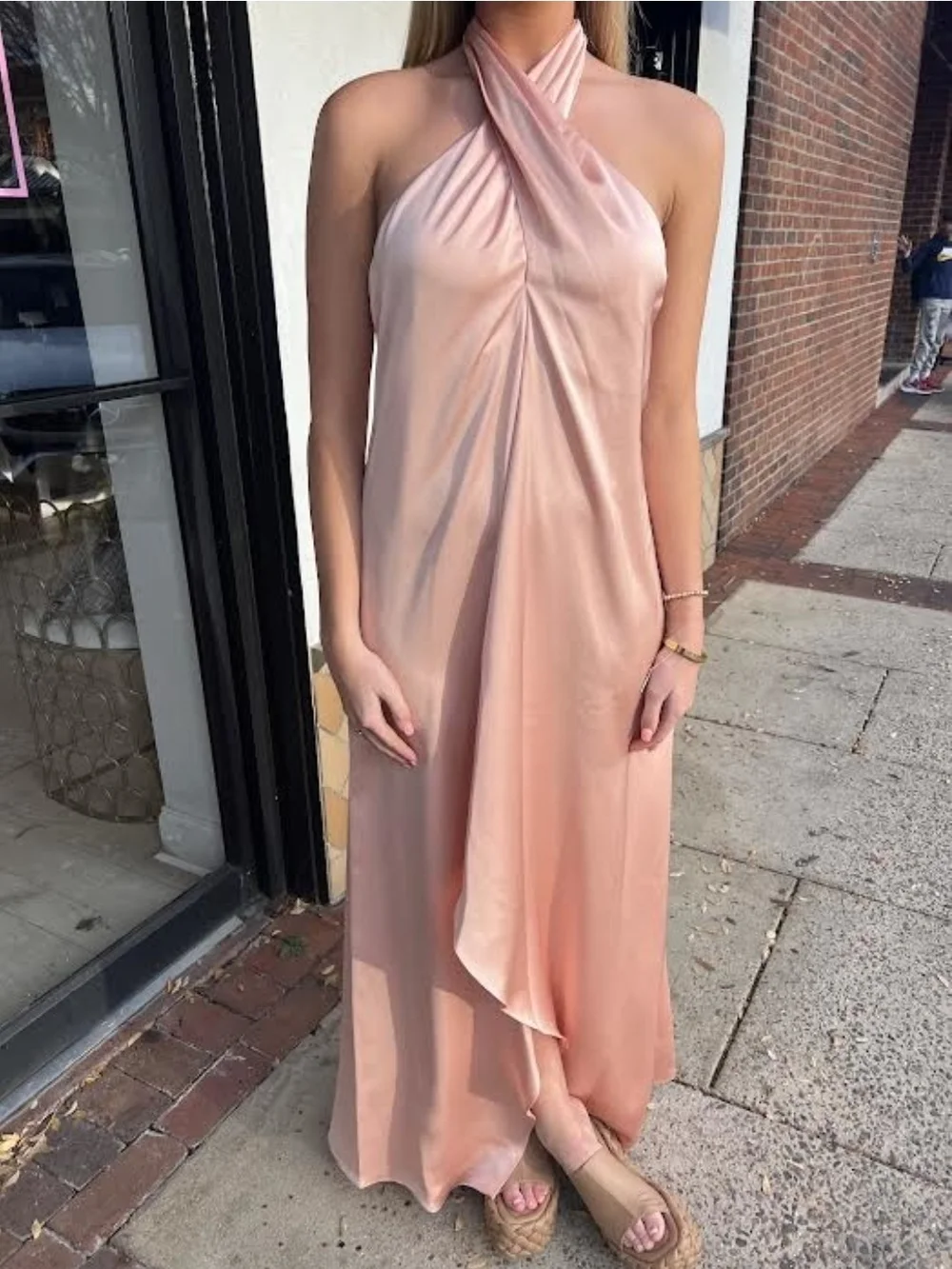 Ramy Brook Carey Rose Quartz Satin Halter Maxi Gown Open Back Formal Dress 00